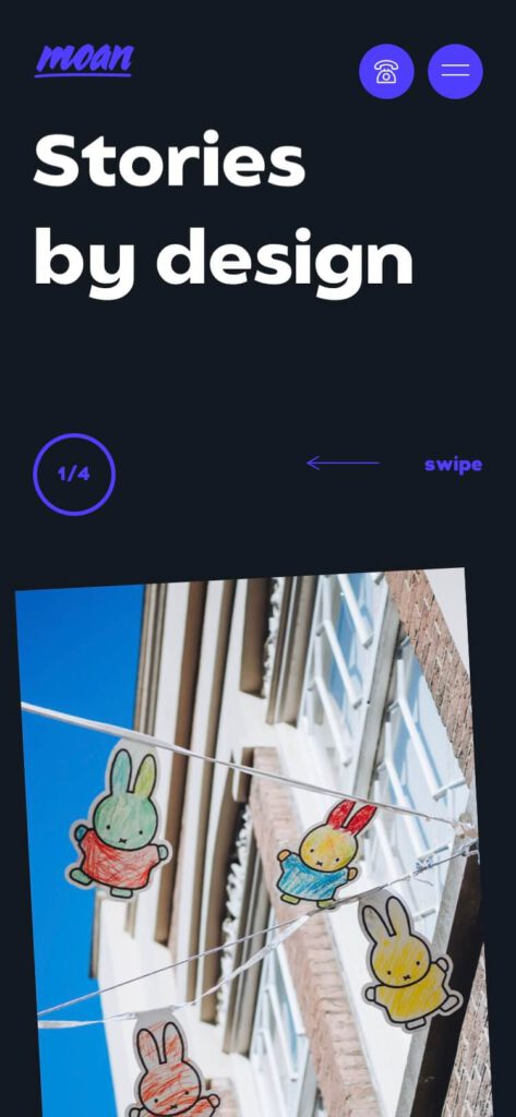 Screenshot of Moan website on mobile (top of page)