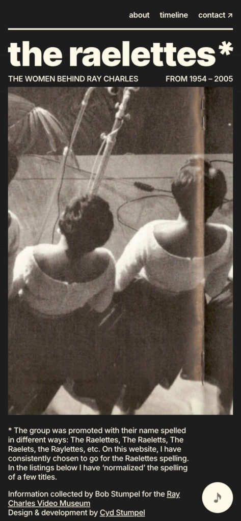 Screenshot of The Raelettes website on mobile (top of page)