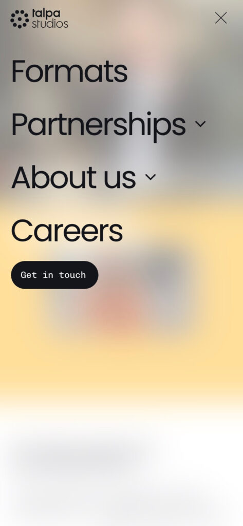 Screenshot of Talpa website on mobile (navigation)