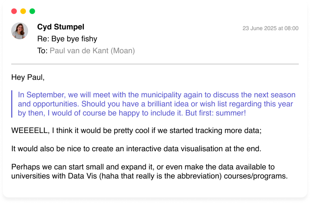 An email from Cyd to Paul on 23 June 2025:
Hey Paul,
> In September, we will meet with the municipality again to discuss the next season and opportunities. Should you have a brilliant idea or wish list regarding this year by then, I would of course be happy to include it. But first: summer!
WEEEELL, I think it would be pretty cool if we started tracking more data;
It would also be nice to create an interactive data visualisation at the end.
Perhaps we can start small and expand it, or even make the data available to universities with Data Vis (haha that really is the abbreviation) courses/programs.