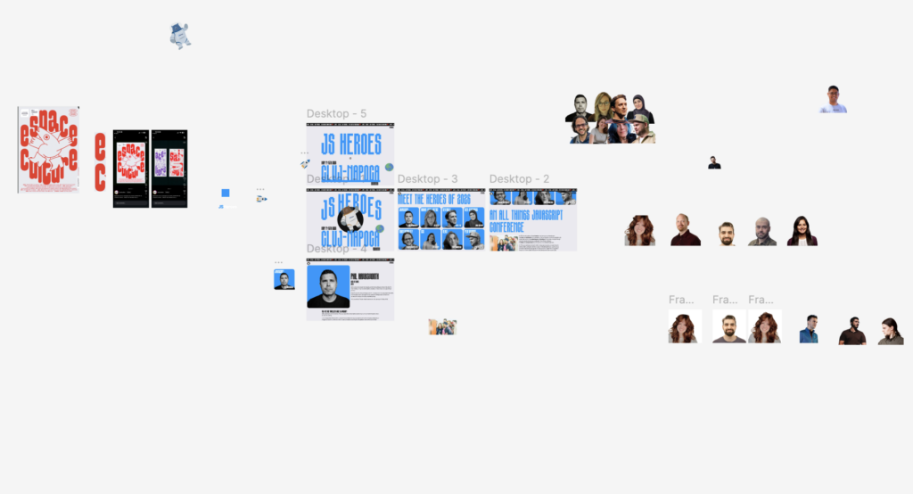 Figma canvas showing the design assets and layout for the JS Heroes conference website, including poster concepts, homepage mockups, speaker portraits, and branding elements arranged across the workspace.